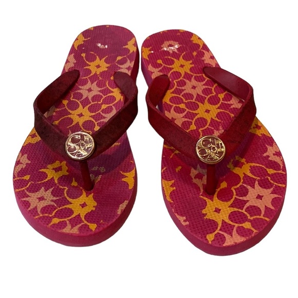 Coach Red Orange Pink C Logo Flip Flops Size 5-6 - Picture 1 of 9